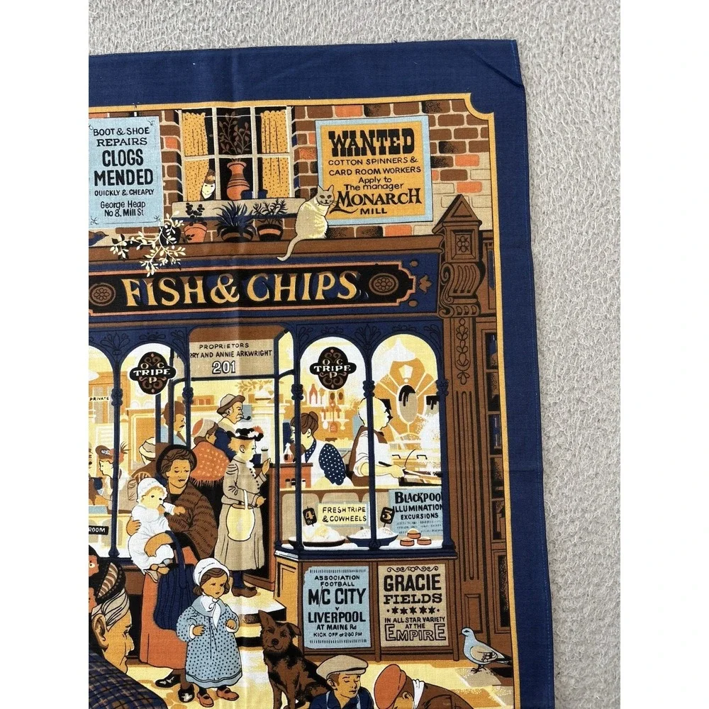 Vintage Fish & Chips Victorian Shop Tea Towel MCM 100% Cotton Kitchen Cat